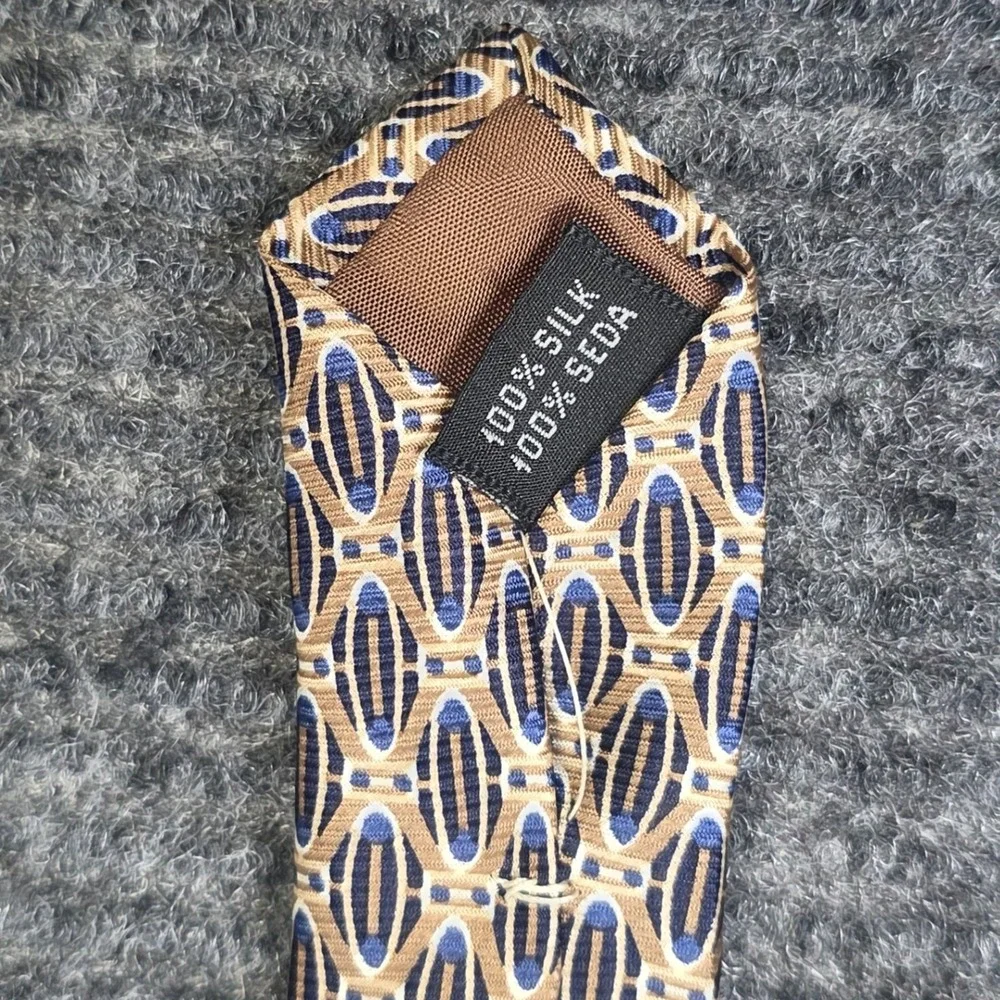 Stafford Executive Silk Tie Men's Tan Navy Blue Geometric Oval Made in Italy